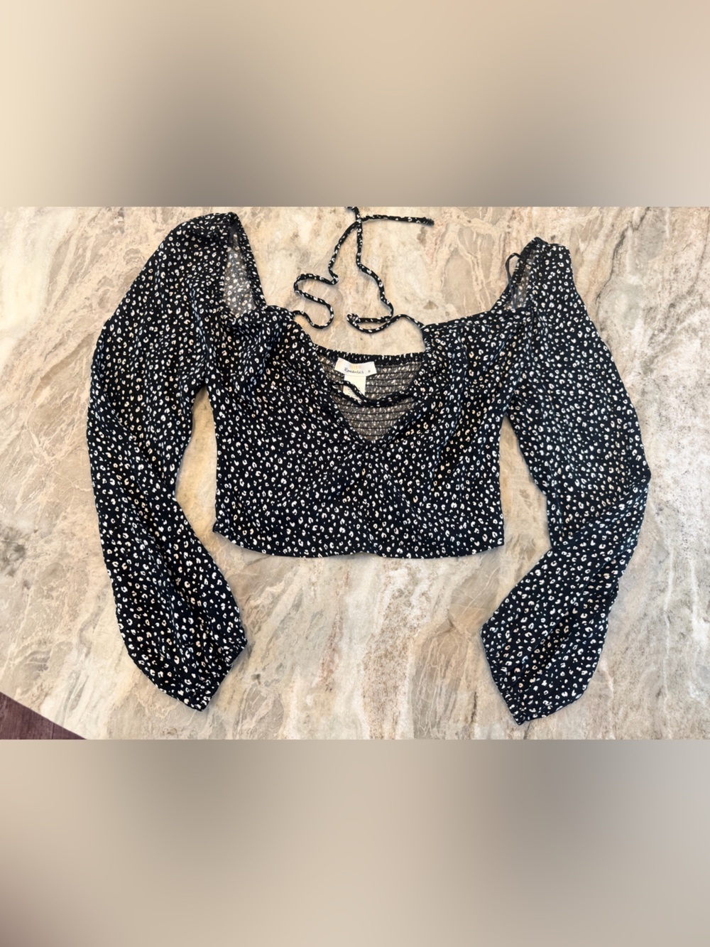 Urban Romantics Black Floral Tie Front Crop medium  Boho Puff Sleeve